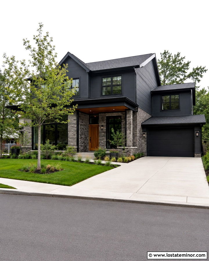 Soft Black House With Gray Brick - 30 Soft Black House Design With Brick Accents Ideas