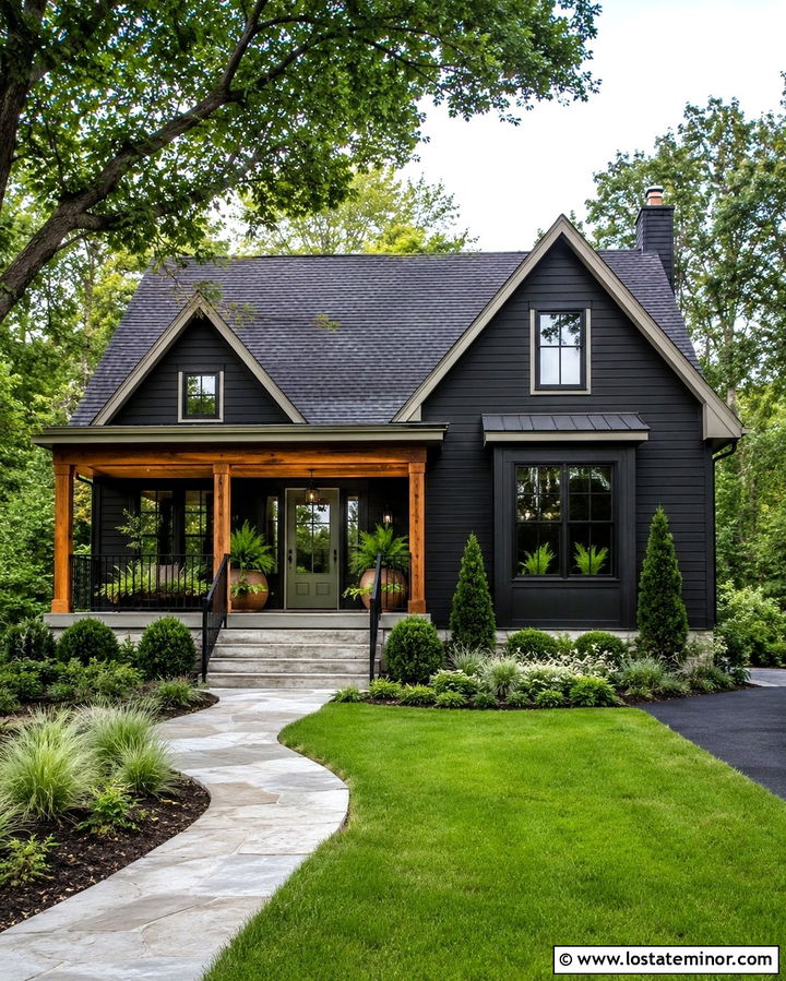 Soft Black House With Green Front Door Porch - 30 Soft Black House Design With Front Porch Ideas