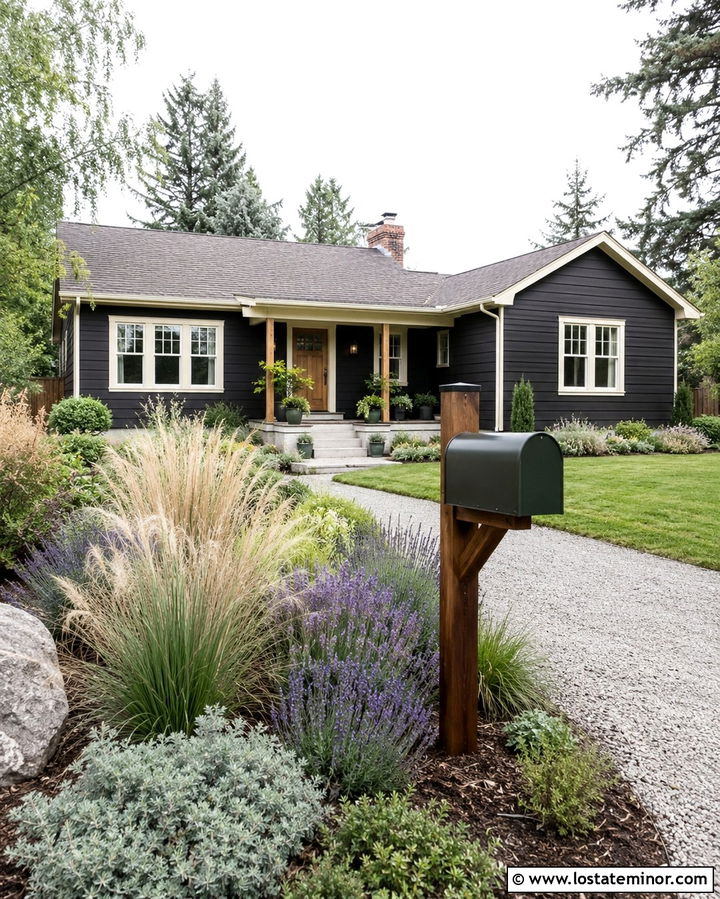 Soft Black House With Green Mailbox - 30 Soft Black House Design With Mailbox Ideas