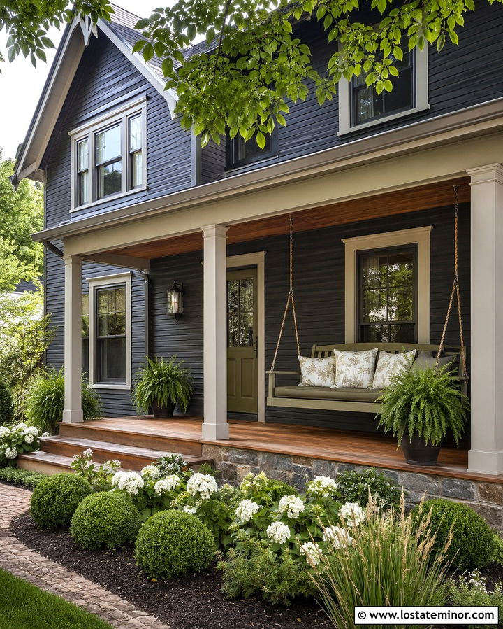Soft Black House With Green Porch Swing - 30 Soft Black House Design With Swing Ideas