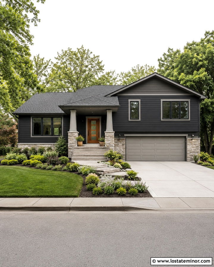 Soft Black House With Greige Garage Door - 30 Soft Black House Design With Garage Door Ideas