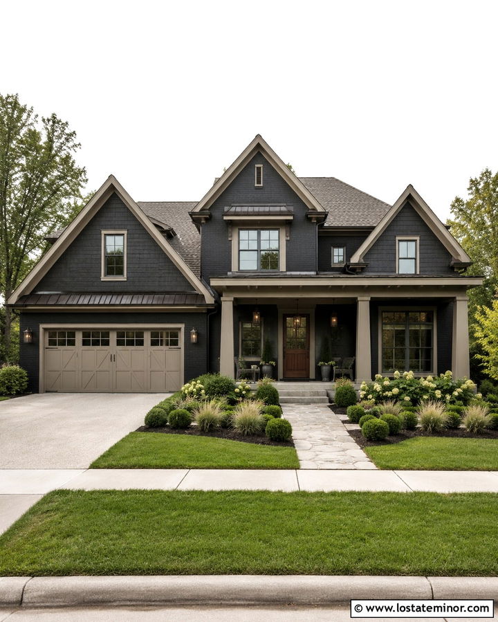 Soft Black House With Greige Porch Columns - 30 Soft Black House Design With Porch Columns Ideas