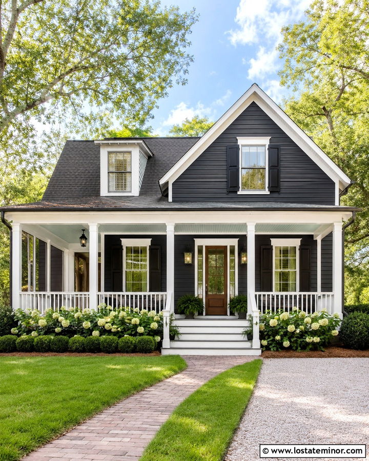 Soft Black House With Haint Blue Porch Ceiling - 30 Soft Black House Design With Porch Ceiling Ideas