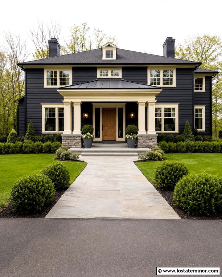Soft Black House With Hip Roof Portico - 30 Soft Black House Design With Portico Ideas