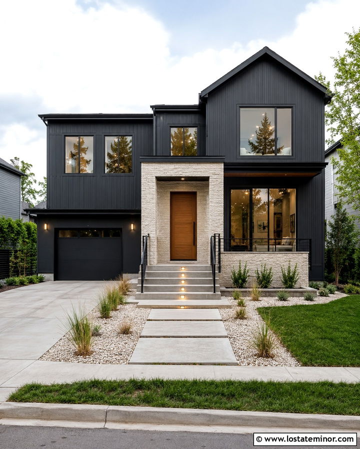 Soft Black House With Illuminated Steps - 30 Soft Black House Design With Steps Ideas