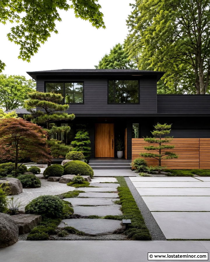 Soft Black House With Japanese Garden Landscaping - 30 Soft Black House Design With Landscaping Ideas