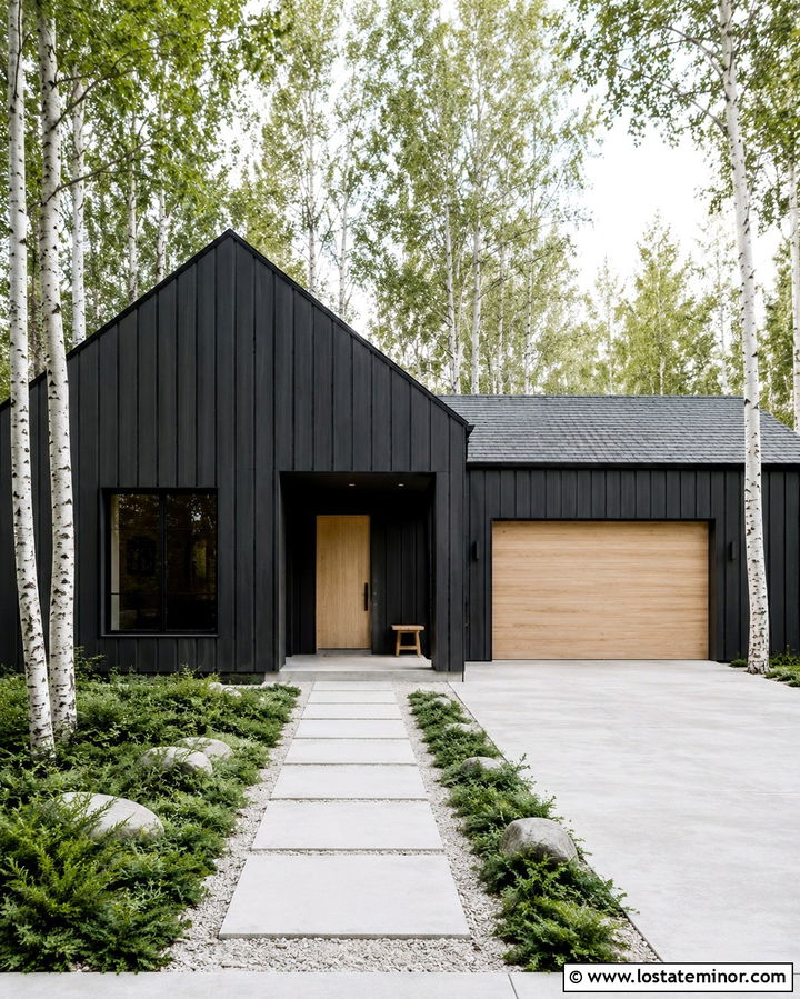 Soft Black House With Light Oak Garage Door - 30 Soft Black House Design With Garage Door Ideas