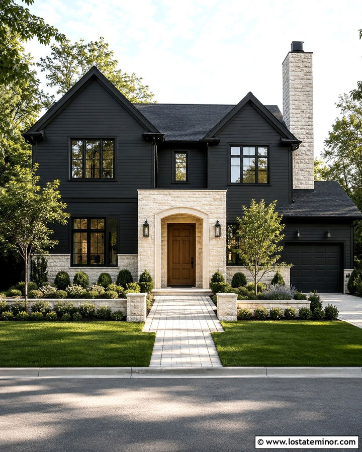 Soft Black House With Light Stone - 30 Soft Black House Design With Stone Accents Ideas