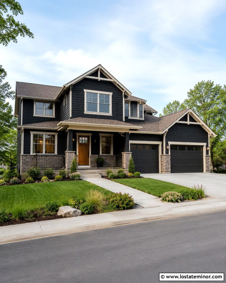 Soft Black House With Light Taupe Porch Ceiling - 30 Soft Black House Design With Porch Ceiling Ideas