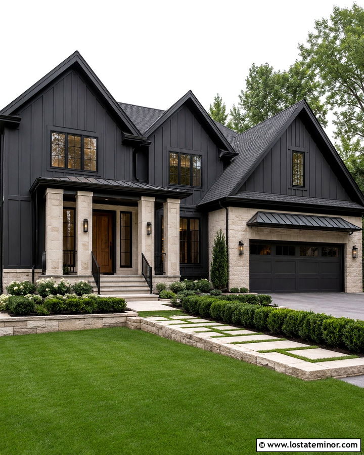 Soft Black House With Limestone Columns - 30 Soft Black House Design With Porch Columns Ideas