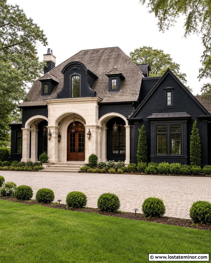 Soft Black House With Limestone Columns - 30 Soft Black House Design With Accents Ideas