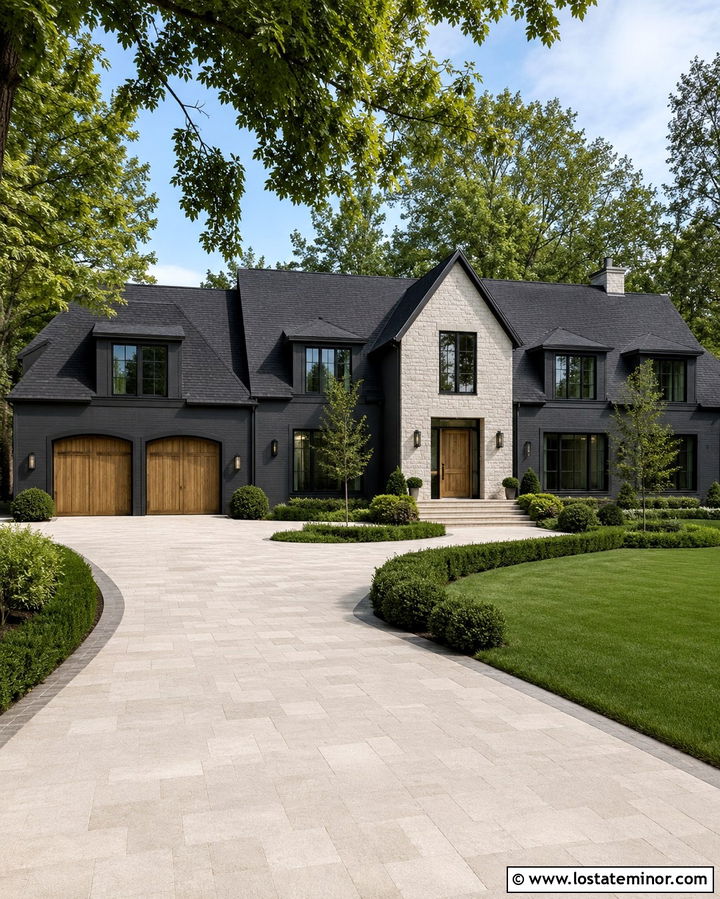 Soft Black House With Limestone Driveway - 30 Soft Black House Design With Driveway Ideas
