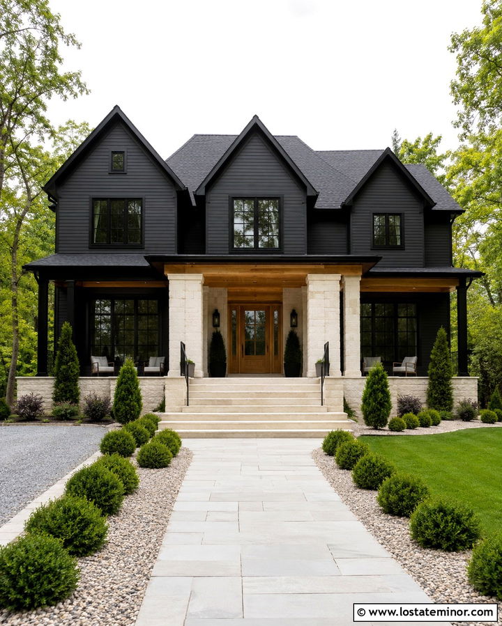 Soft Black House With Limestone Porch - 30 Soft Black House Design With Front Porch Ideas