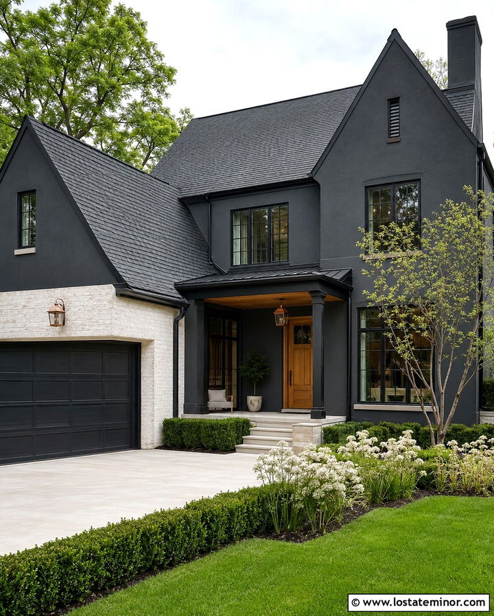 Soft Black House With Limewashed Brick Garage - 30 Soft Black House Design With Garage Door Ideas