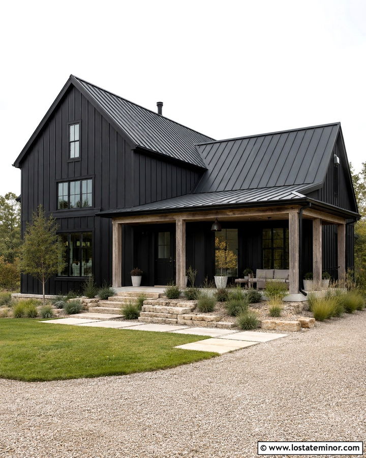 Soft Black House With Limewashed Wood Porch Ceiling - 30 Soft Black House Design With Porch Ceiling Ideas