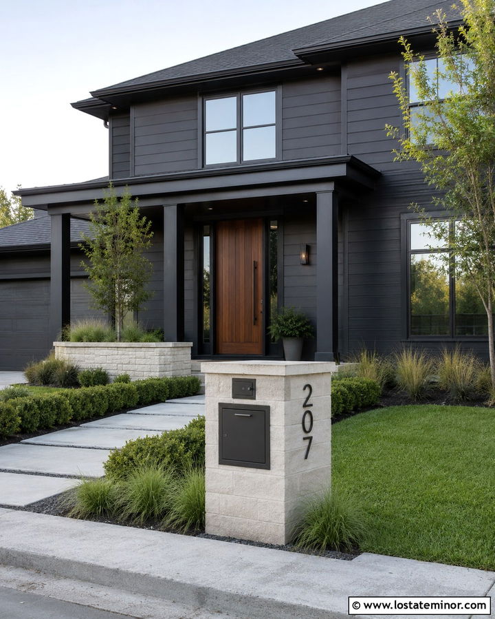 Soft Black House With Locking Mailbox Column - 30 Soft Black House Design With Mailbox Ideas