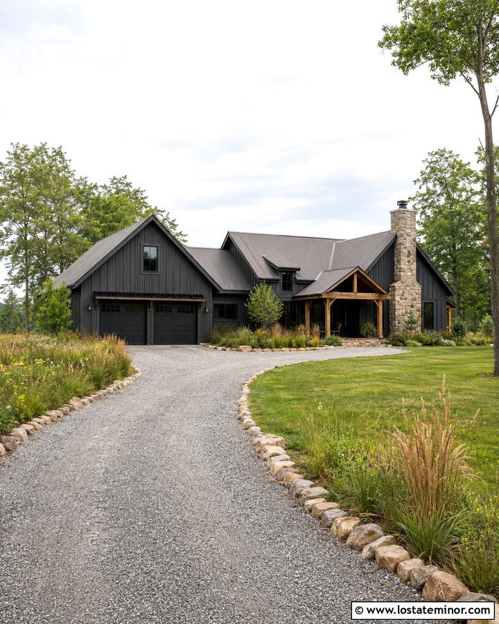 Soft Black House With Long Gravel Driveway - 30 Soft Black House Design With Driveway Ideas
