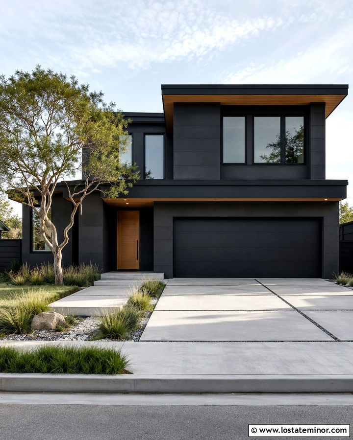 Soft Black House With Matching Black Garage Door - 30 Soft Black House Design With Garage Door Ideas