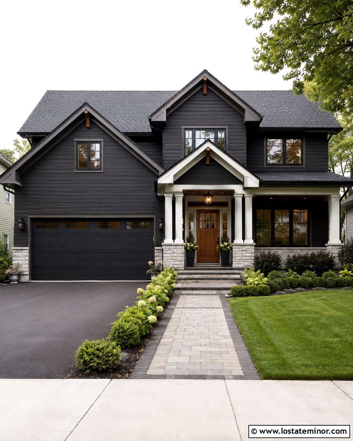 Soft Black House With Matching Garage Trim - 30 Soft Black House Design With Trim Ideas