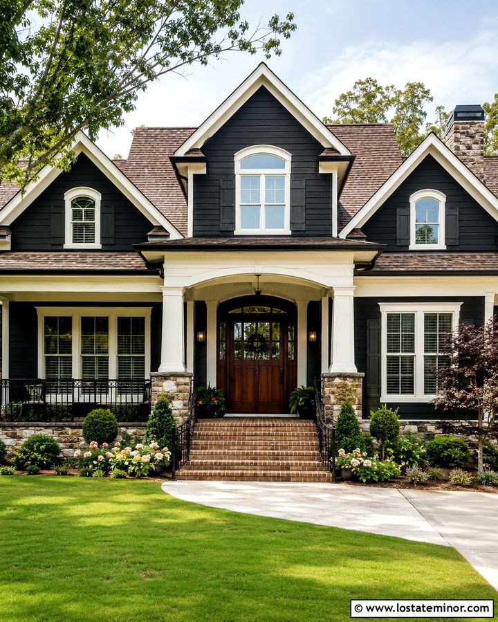 Soft Black House With Matching Shutters And Brown Roof - 30 Soft Black House Design With Shutters Ideas