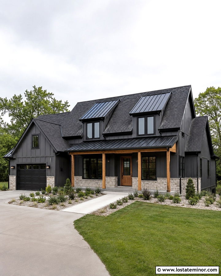 Soft Black House With Metal Roof Dormers - 30 Soft Black House Design With Dormers Ideas