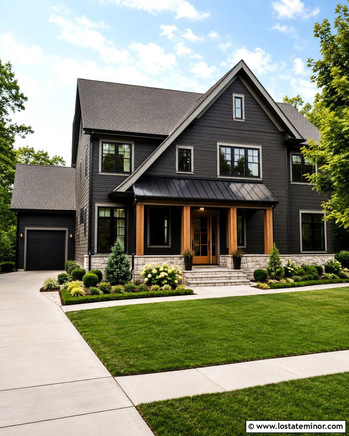 Soft Black House With Metal Roof Portico - 30 Soft Black House Design With Portico Ideas