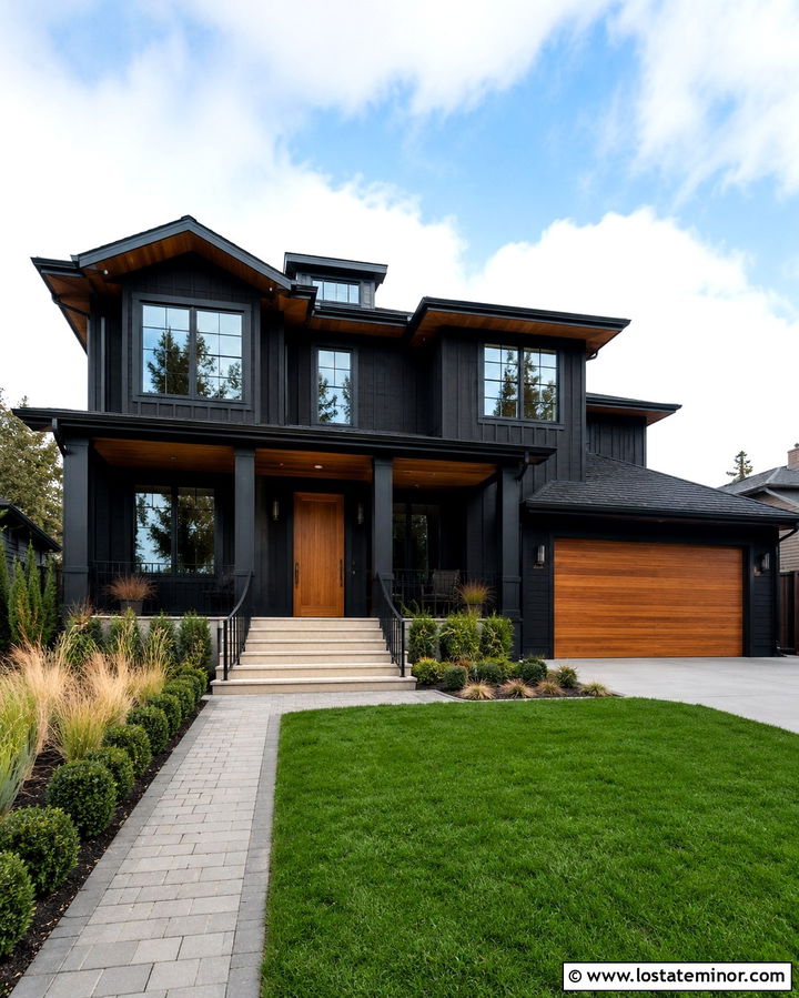 Soft Black House With Metal Stair Railings - 30 Soft Black House Design With Steps Ideas