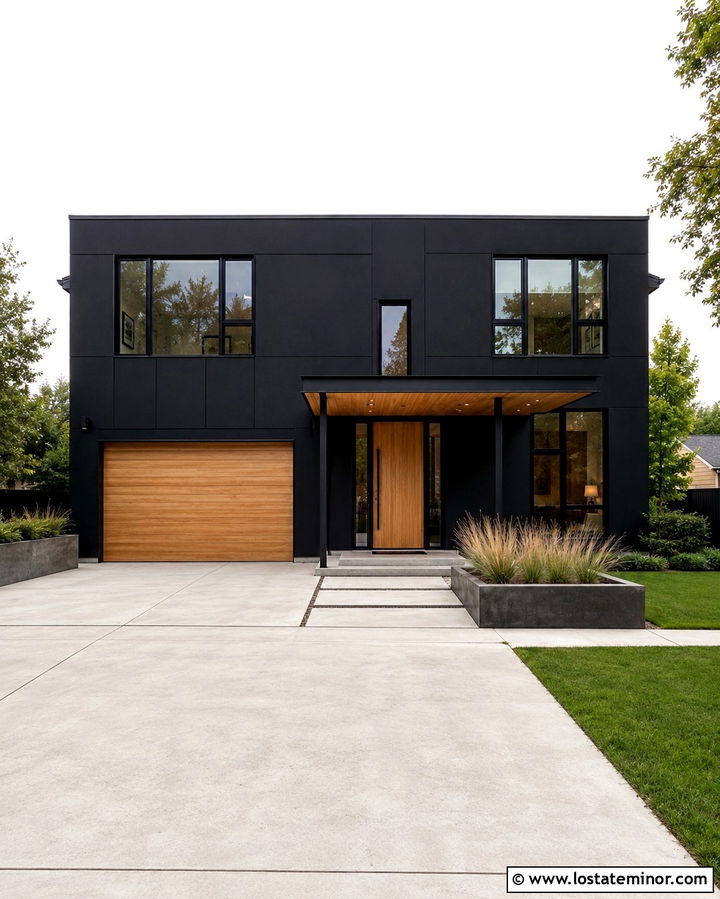 Soft Black House With Minimal Steel Portico - 30 Soft Black House Design With Portico Ideas