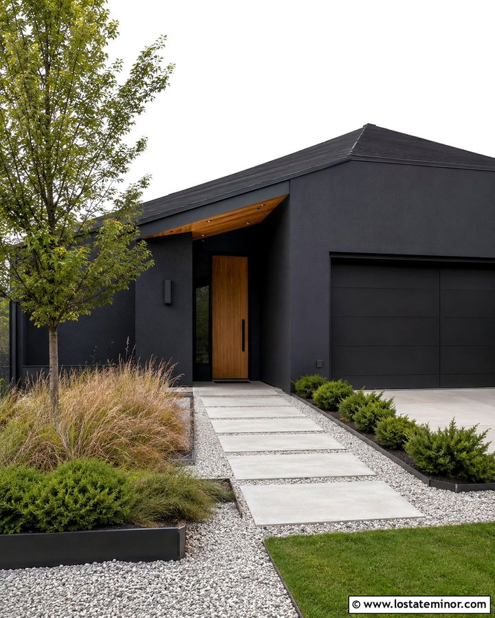 Soft Black House With Minimalist Gravel Walkway - 30 Soft Black House Design With Walkway Ideas