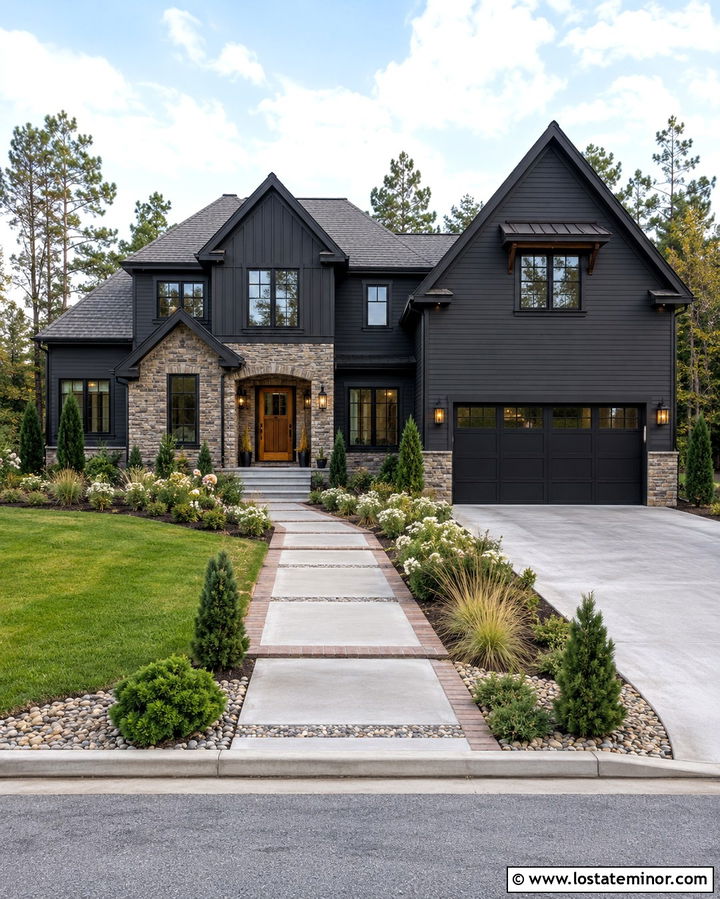 Soft Black House With Mixed Material Walkway - 30 Soft Black House Design With Walkway Ideas