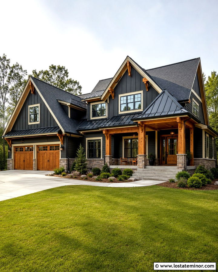 Soft Black House With Mixed Shingle And Metal Roof - 30 Soft Black House Design With Roof Ideas