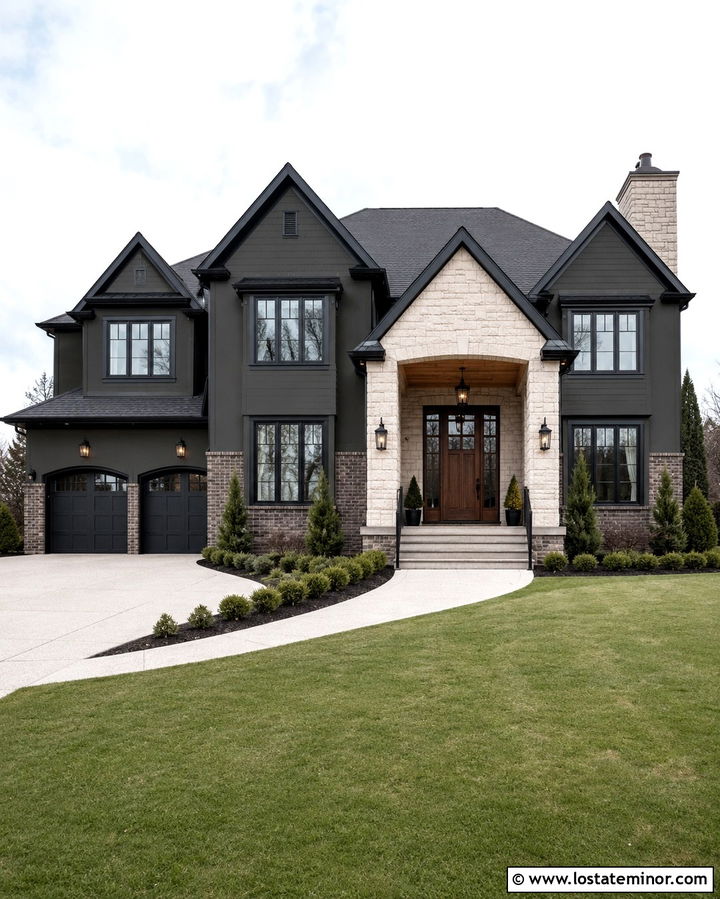 Soft Black House With Mixed Stone And Brick Wainscoting - 30 Soft Black House Design With Wainscoting Ideas