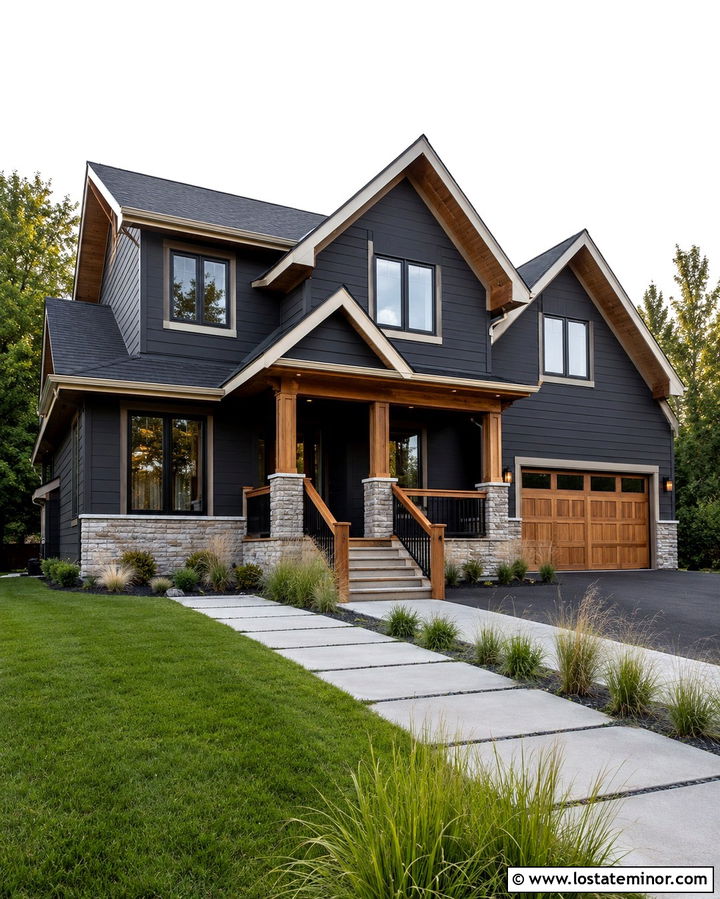 Soft Black House With Mixed Wood And Metal Railings - 30 Soft Black House Design With Railings Ideas