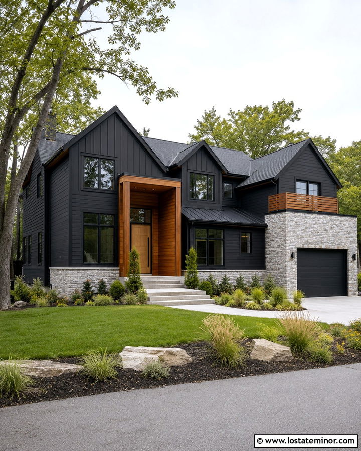 Soft Black House With Mixed Wood And Stone Accents - 30 Soft Black House Design With Accents Ideas