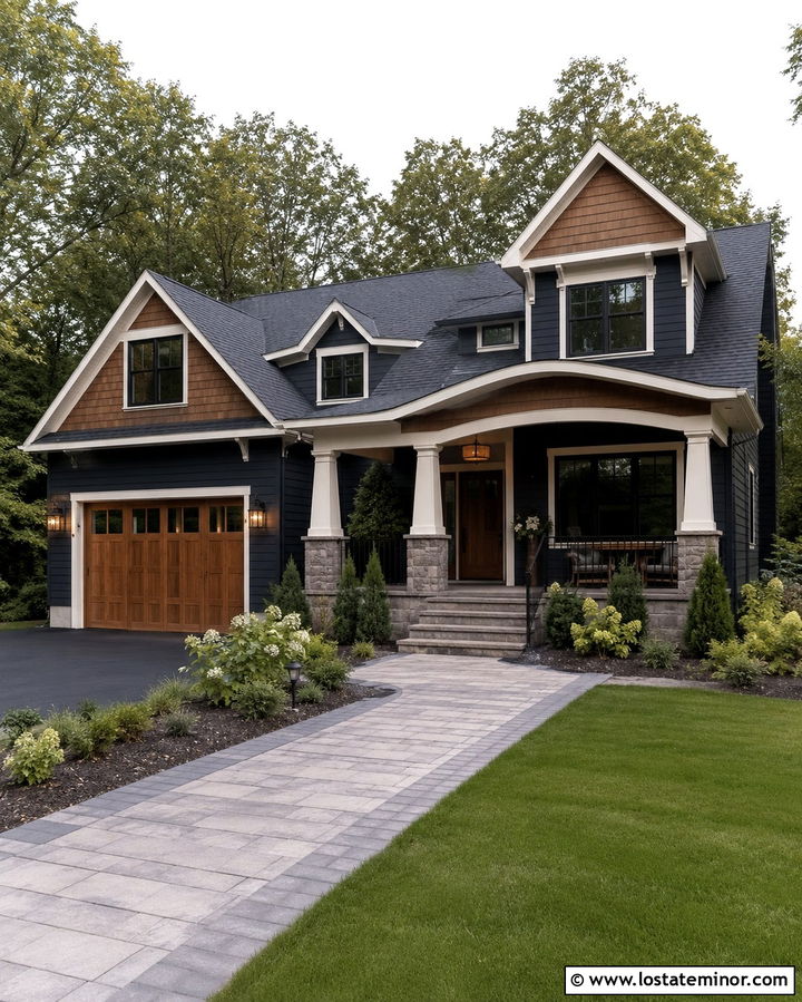 Soft Black House With Mixed Wood And White Trim - 30 Soft Black House Design With Trim Ideas