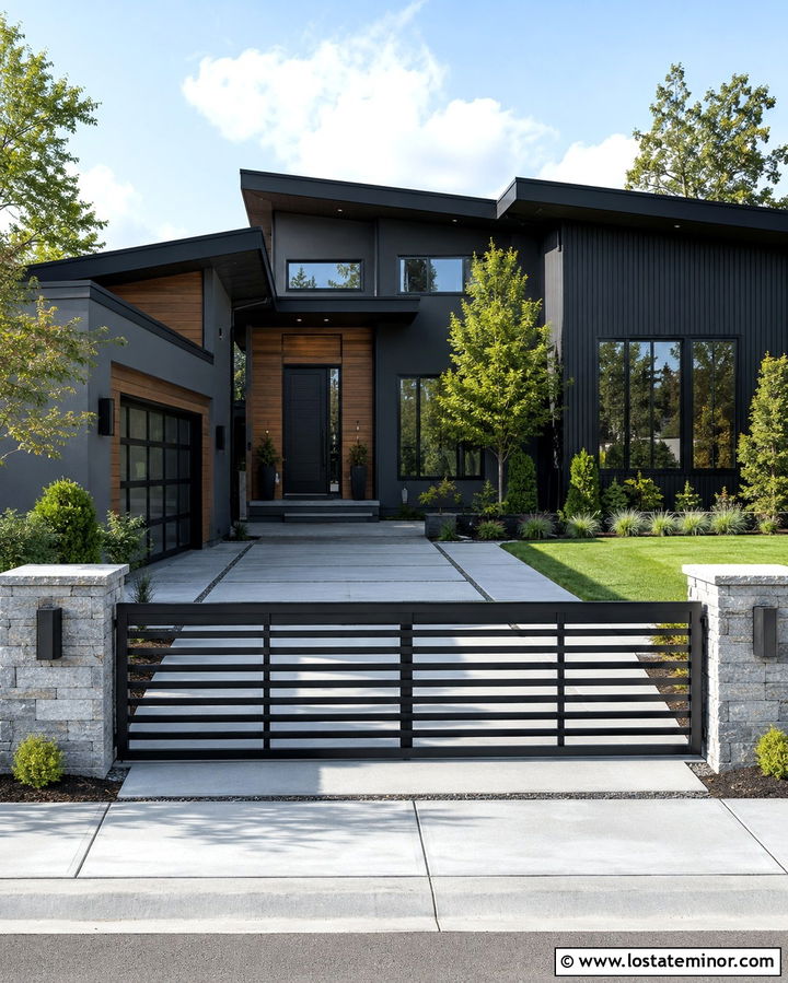 Soft Black House With Modern Gate And Driveway - 30 Soft Black House Design With Driveway Ideas