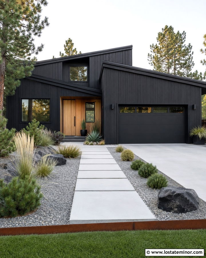 Soft Black House With Modern Gravel Landscaping - 30 Soft Black House Design With Landscaping Ideas