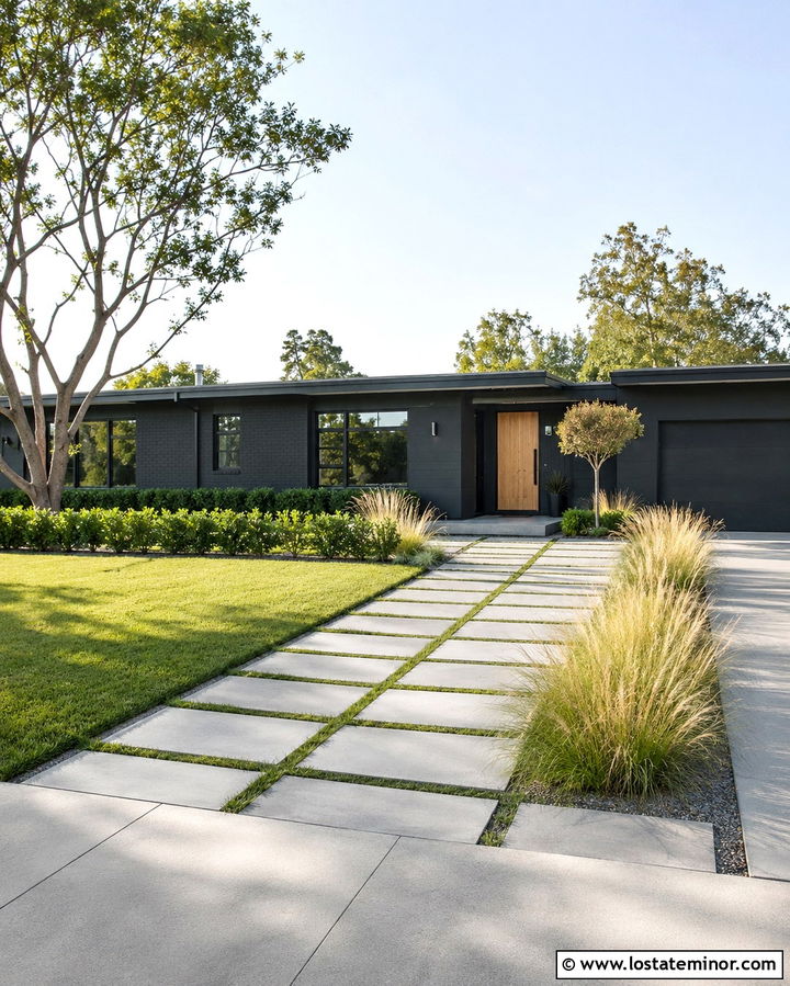 Soft Black House With Modern Grid Walkway - 30 Soft Black House Design With Walkway Ideas