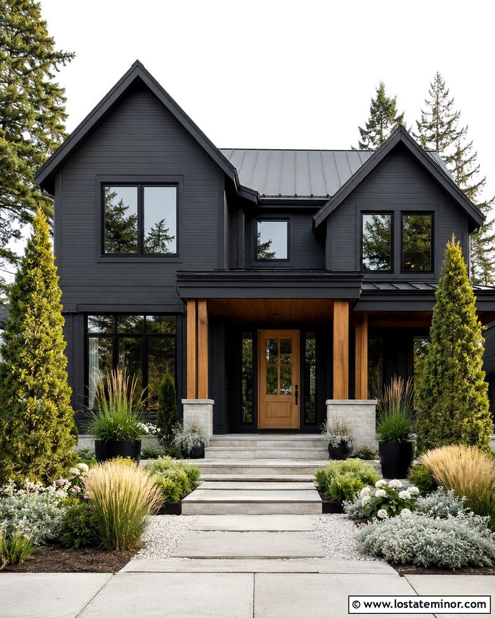 Soft Black House With Modern Landscaping And Porch Columns - 30 Soft Black House Design With Porch Columns Ideas