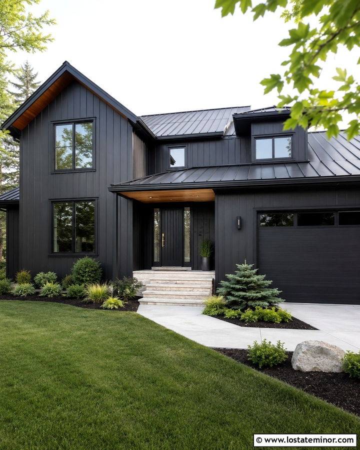 Soft Black House With Monochromatic Entry Door - 30 Soft Black House Design With Entry Door Ideas