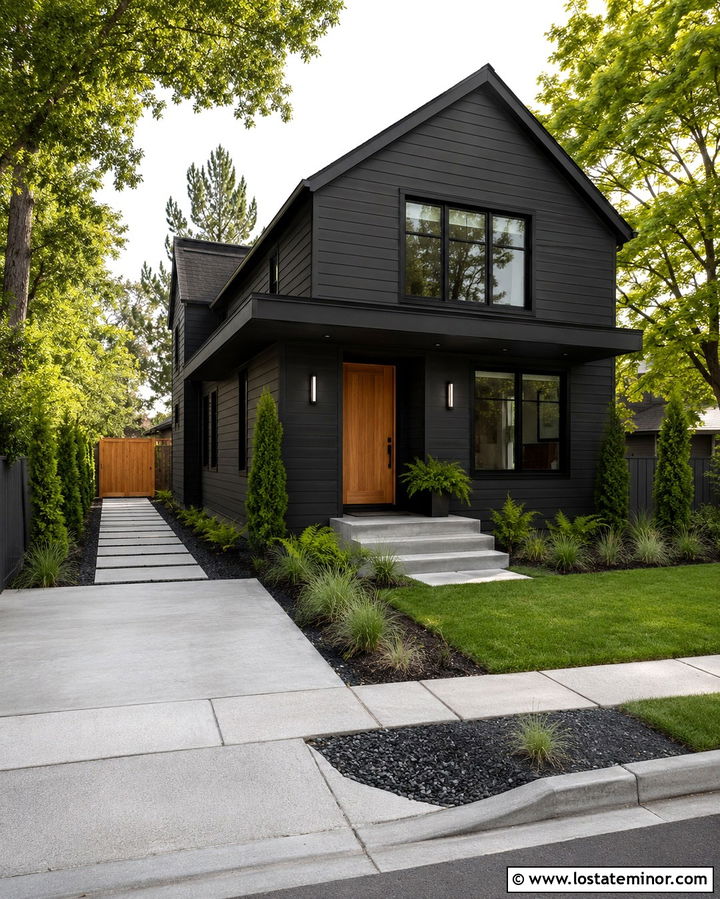 Soft Black House With Narrow Side Walkway - 30 Soft Black House Design With Walkway Ideas