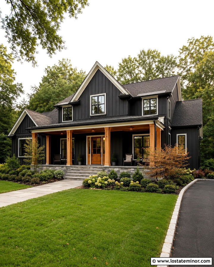 Soft Black House With Natural Cedar Porch Ceiling - 30 Soft Black House Design With Porch Ceiling Ideas