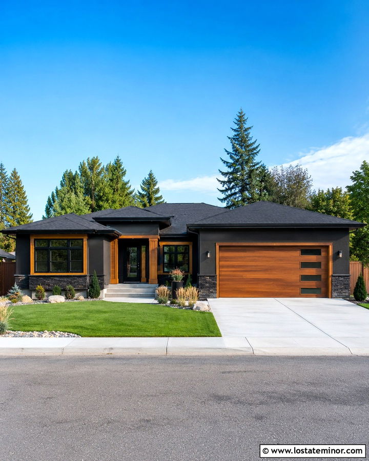 Soft Black House With Natural Cedar Trim - 30 Soft Black House Design With Trim Ideas