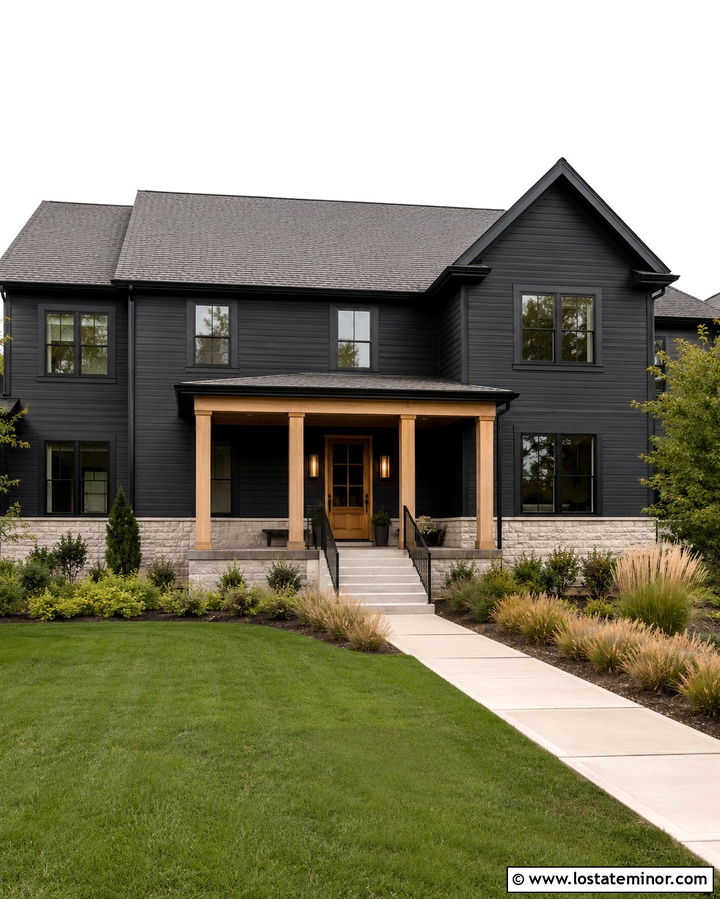 Soft Black House With Natural Oak Columns - 30 Soft Black House Design With Porch Columns Ideas
