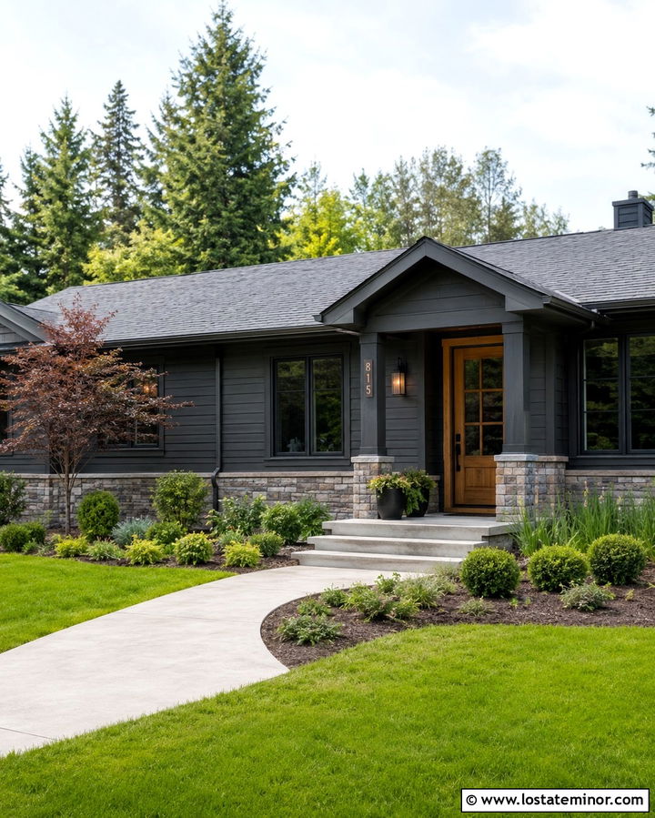 Soft Black House With Natural Oak Entry Door - 30 Soft Black House Design With Entry Door Ideas