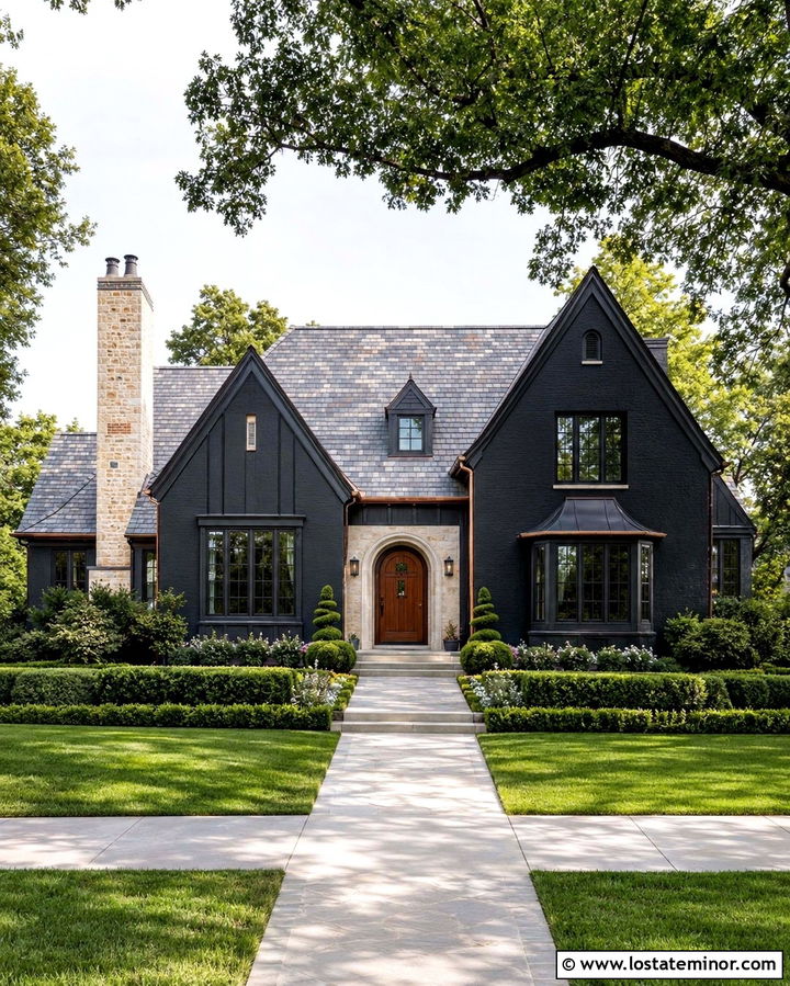 Soft Black House With Natural Slate Roof - 30 Soft Black House Design With Roof Ideas