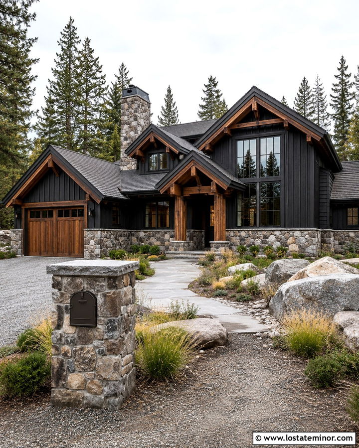 Soft Black House With Natural Stone Mailbox - 30 Soft Black House Design With Mailbox Ideas