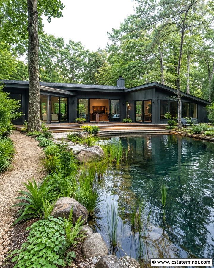 Soft Black House With Natural Swimming Pool - 30 Soft Black House Design With Swimming Pool Ideas