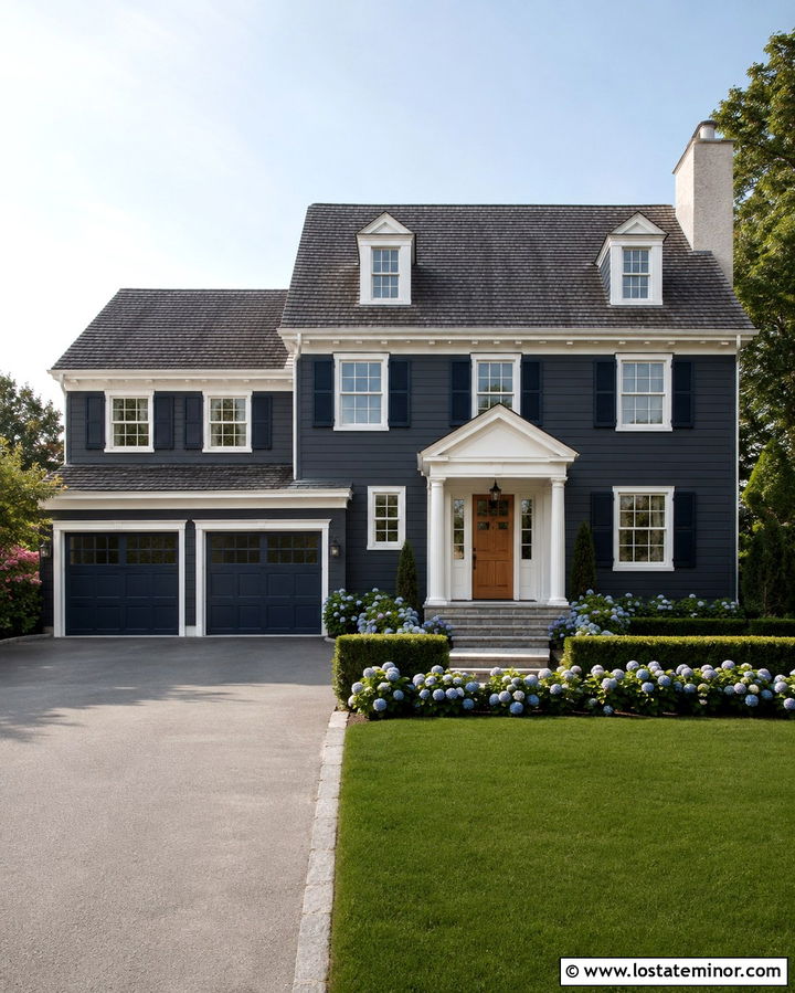 Soft Black House With Navy Garage Door - 30 Soft Black House Design With Garage Door Ideas