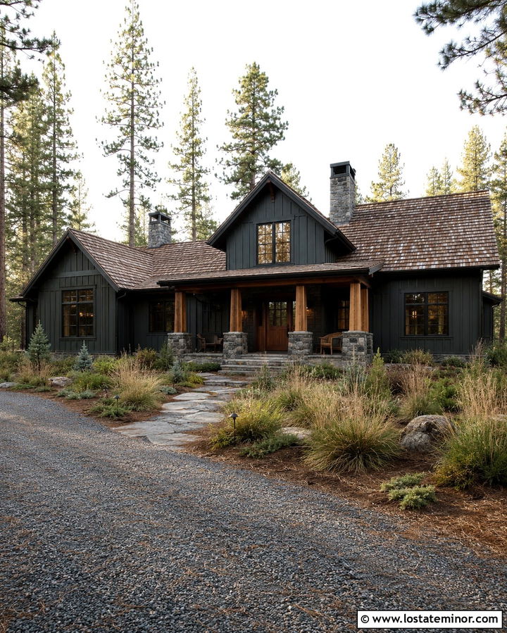 Soft Black House With Olive Green Porch Ceiling - 30 Soft Black House Design With Porch Ceiling Ideas